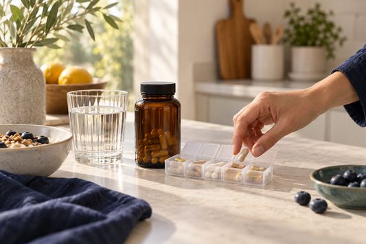 A person organizing a daily supplement routine beside breakfast and a glass of water