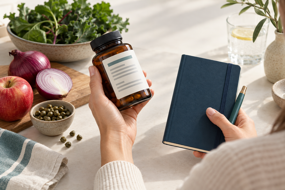 A person comparing an abstract quercetin supplement label beside a notebook and fresh produce